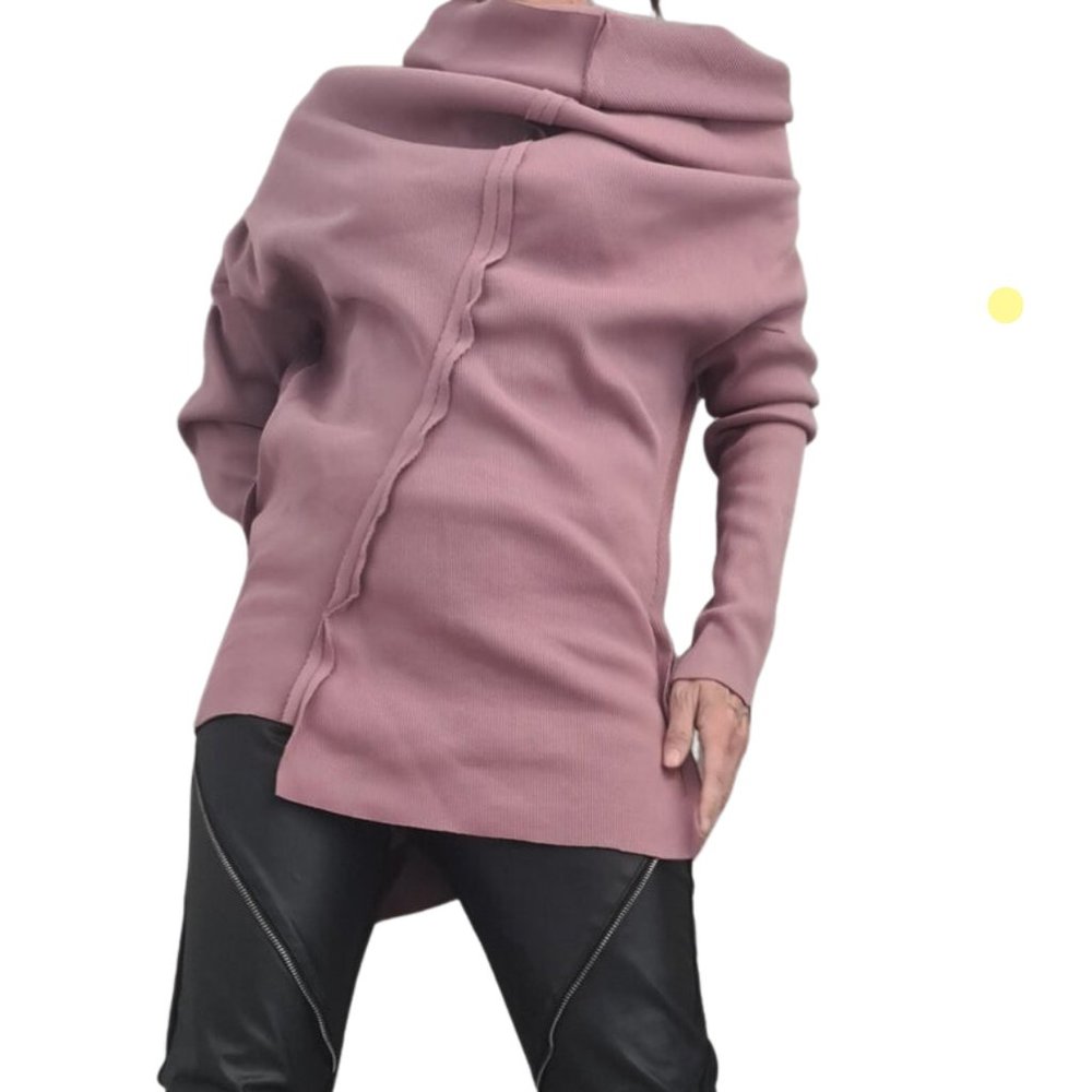 Avant-Garde sweater blouse, asymmetrical front, cowl neck, Ash Rose